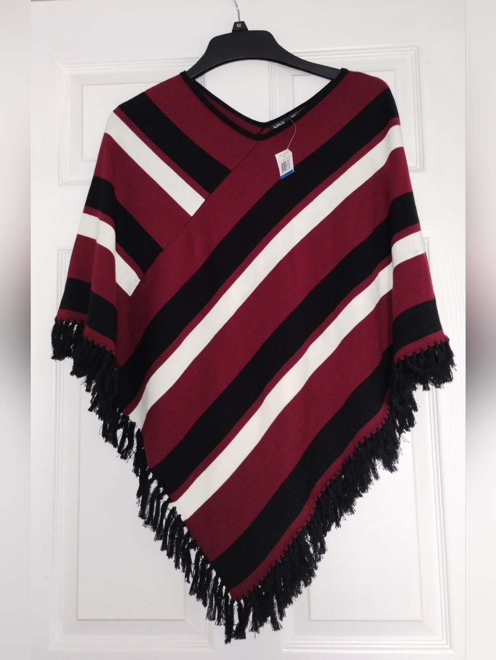 Nina Leonard Diagonal Striped Fringe Poncho — Burgundy, Black & Ivory